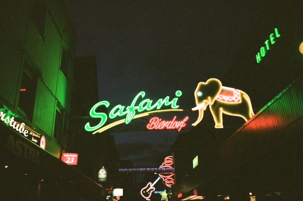 a neon sign over a building